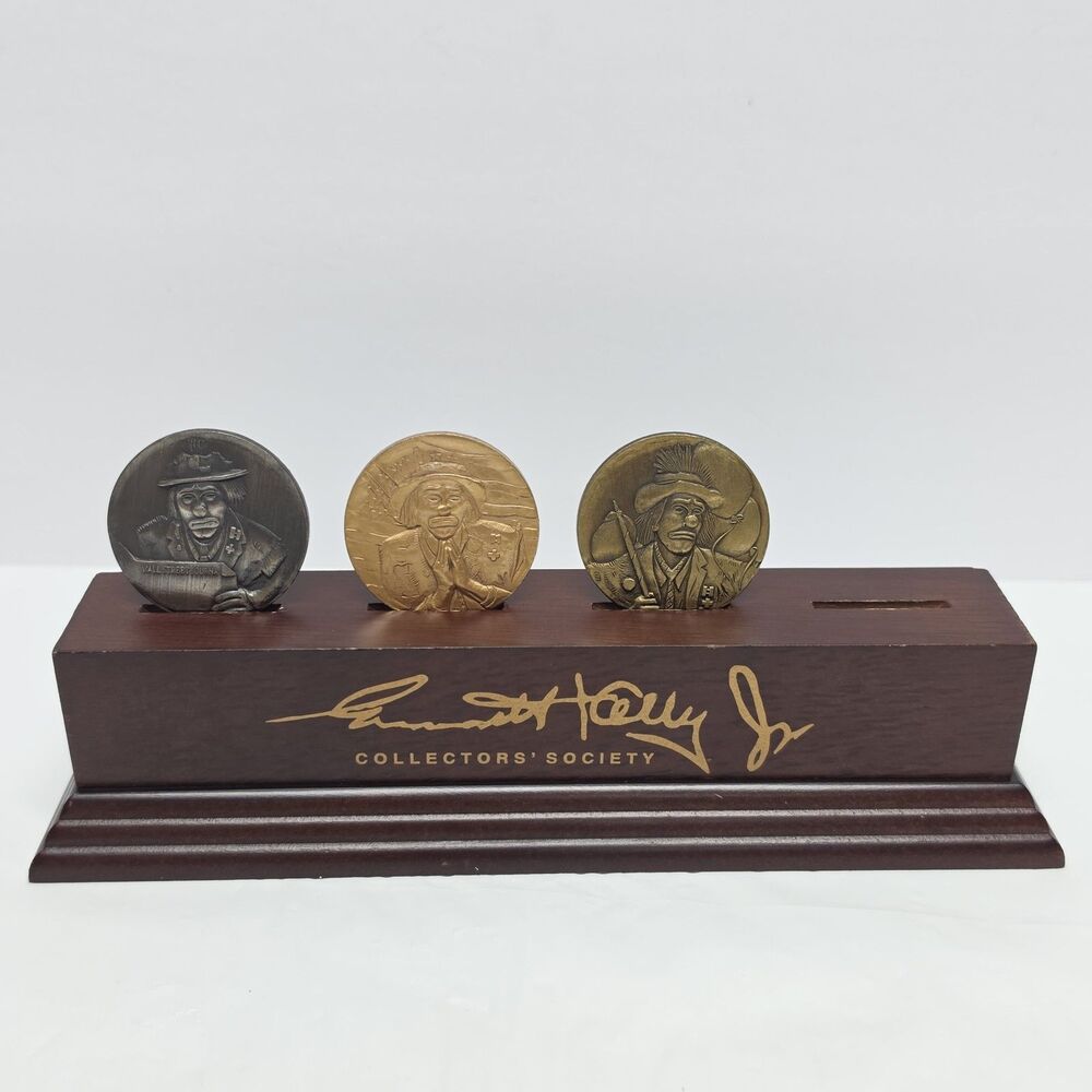 America's Favorite Clown Collectors Coins 3 Pc Emmett Kelly Jr Brass with Stand